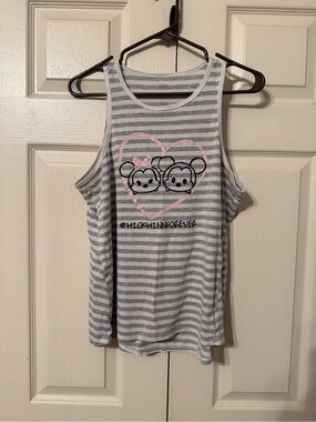 Disney Gray & White Striped Tank with Pink Heart Tsum Tsum